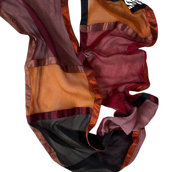 Autumn Multi-Color Sheer Silk Scarf With Satin Borders Elegant Statement Design - Picture 2 of 4
